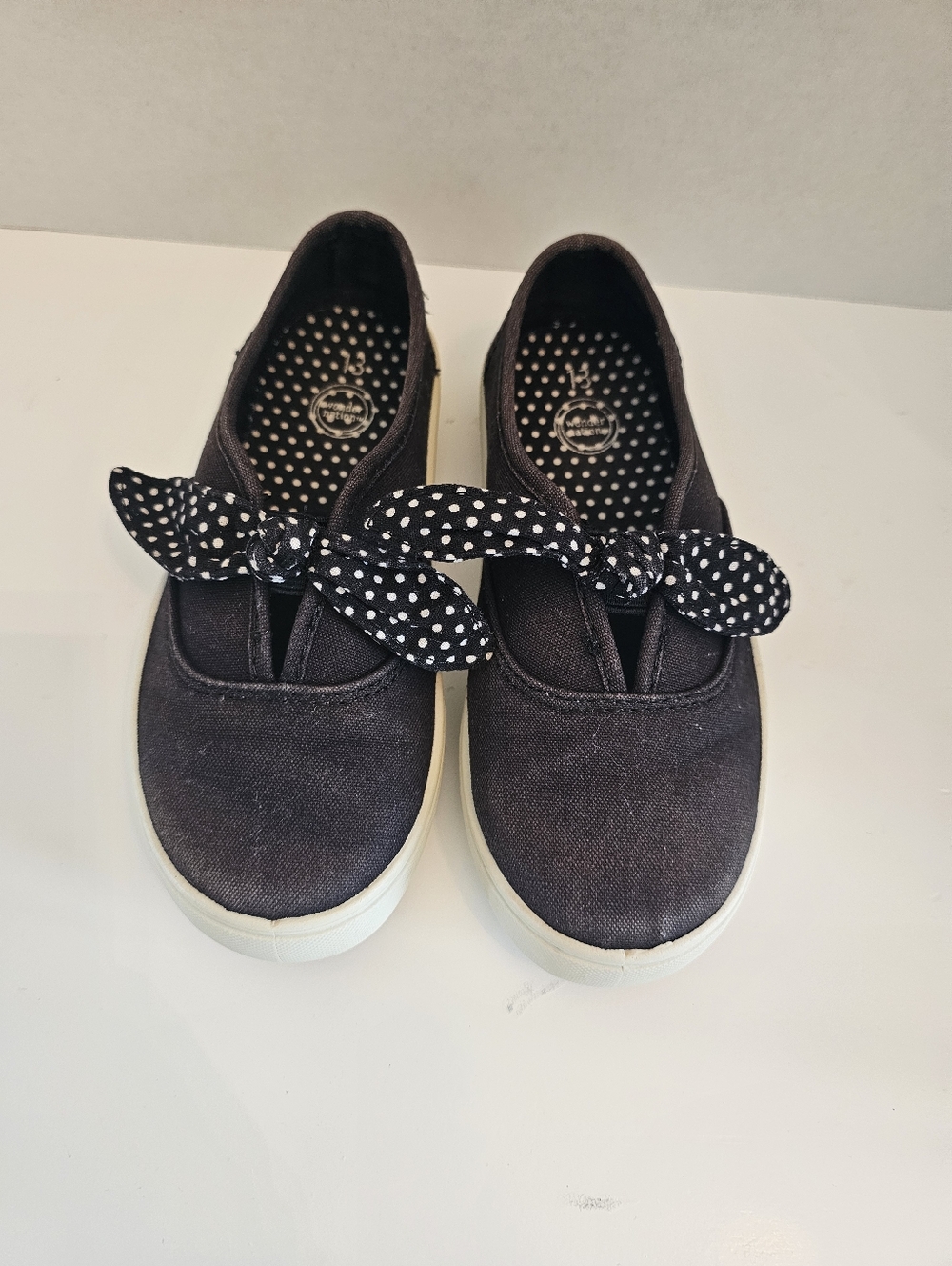 Wonder Nation Black White Dotted Bows Slip On Canvas Shoe Girl's Size 13